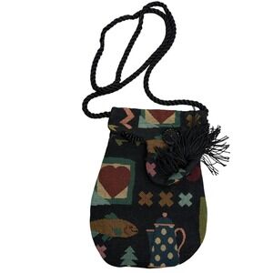 Helen's Daughters Bag Womens OS Black Tapestry Novelty Print Crossbody Tassel